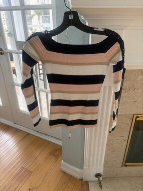 Off-the-Shoulder Ribbed Stripe Sweater - Pink, Navy, Cream